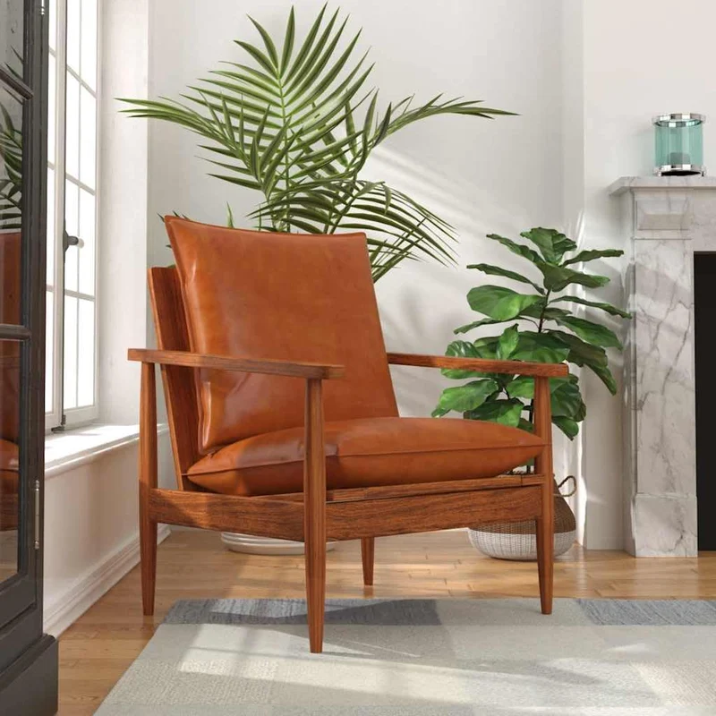 vidaXL Fauteuil Cuir Véritable avec Bois d'Acacia Marron Salle de Séjour Salon