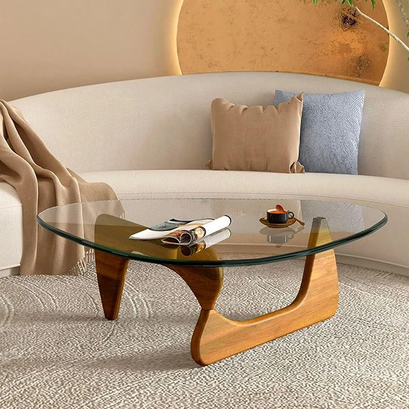 QWPDWA Table Basse Moderne Triangulaire en Verre, Base en Bois Massif et Plateau en Verre Transparent, pour Salon, Patio, Étude