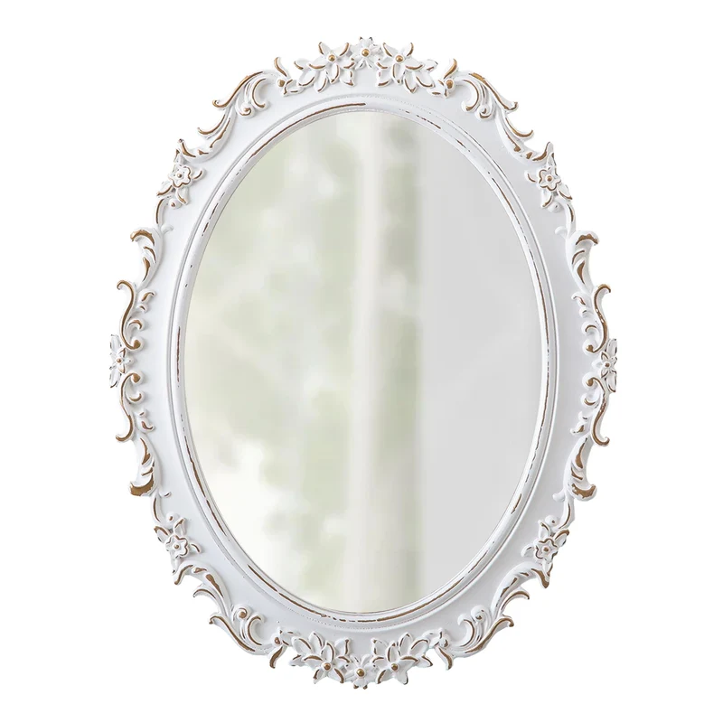 Sintosin Miroir Mural Ovale Baroque 54 x 40 cm, Miroirs Vintage Blancs Déprimés pour Le Salon, Miroirs en Bois pour Salle de Bain, Entrée, Miroir Mural Design horizontaux ou verticaux