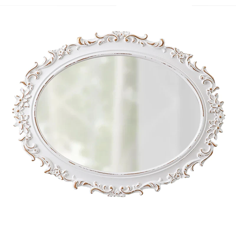 Sintosin Miroir Mural Ovale Baroque 54 x 40 cm, Miroirs Vintage Blancs Déprimés pour Le Salon, Miroirs en Bois pour Salle de Bain, Entrée, Miroir Mural Design horizontaux ou verticaux