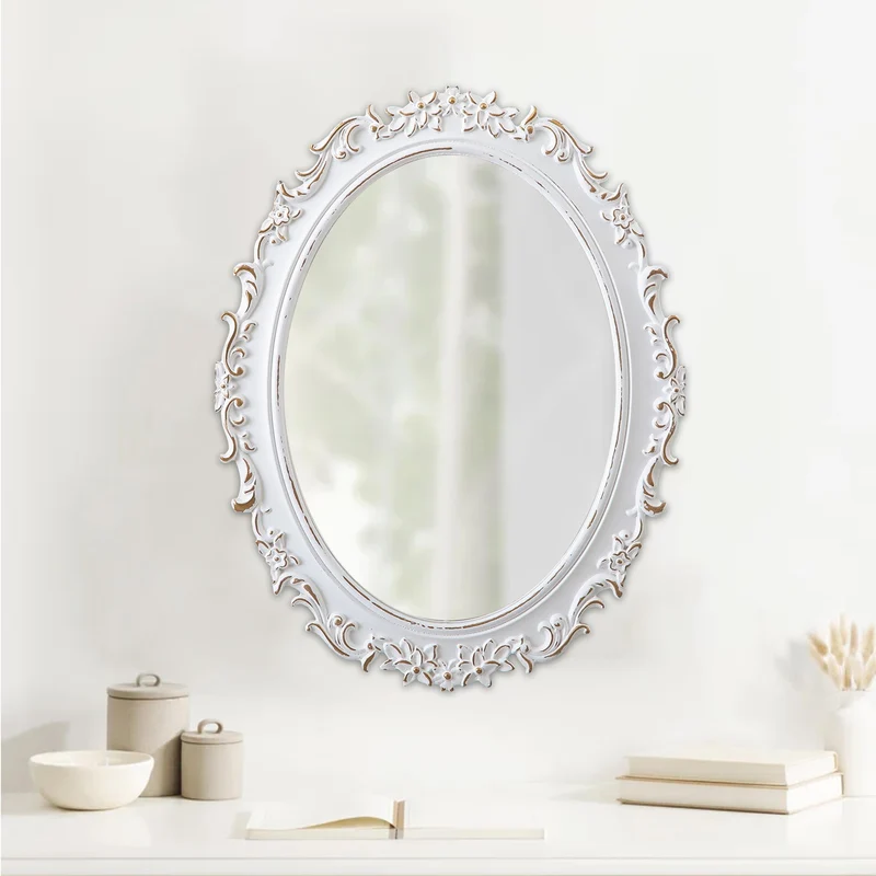Sintosin Miroir Mural Ovale Baroque 54 x 40 cm, Miroirs Vintage Blancs Déprimés pour Le Salon, Miroirs en Bois pour Salle de Bain, Entrée, Miroir Mural Design horizontaux ou verticaux