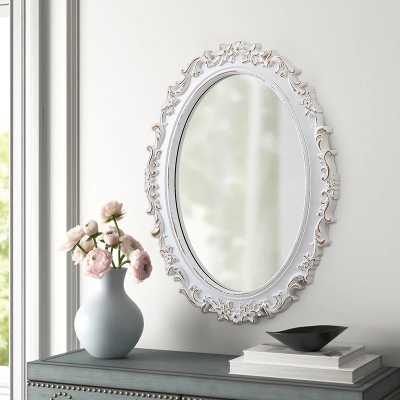 Sintosin Miroir Mural Ovale Baroque 54 x 40 cm, Miroirs Vintage Blancs Déprimés pour Le Salon, Miroirs en Bois pour Salle de Bain, Entrée, Miroir Mural Design horizontaux ou verticaux