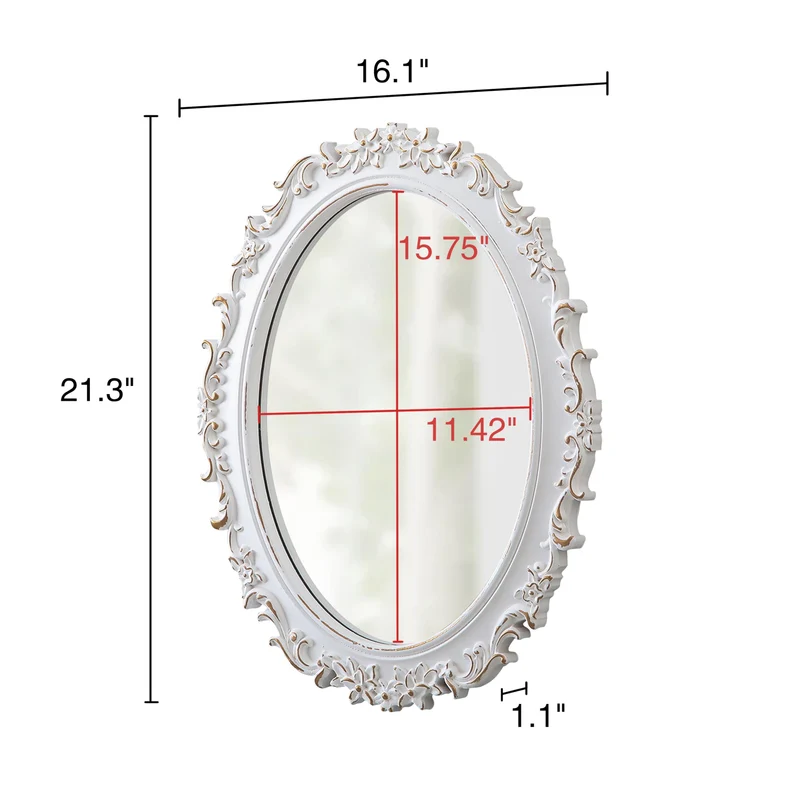 Sintosin Miroir Mural Ovale Baroque 54 x 40 cm, Miroirs Vintage Blancs Déprimés pour Le Salon, Miroirs en Bois pour Salle de Bain, Entrée, Miroir Mural Design horizontaux ou verticaux