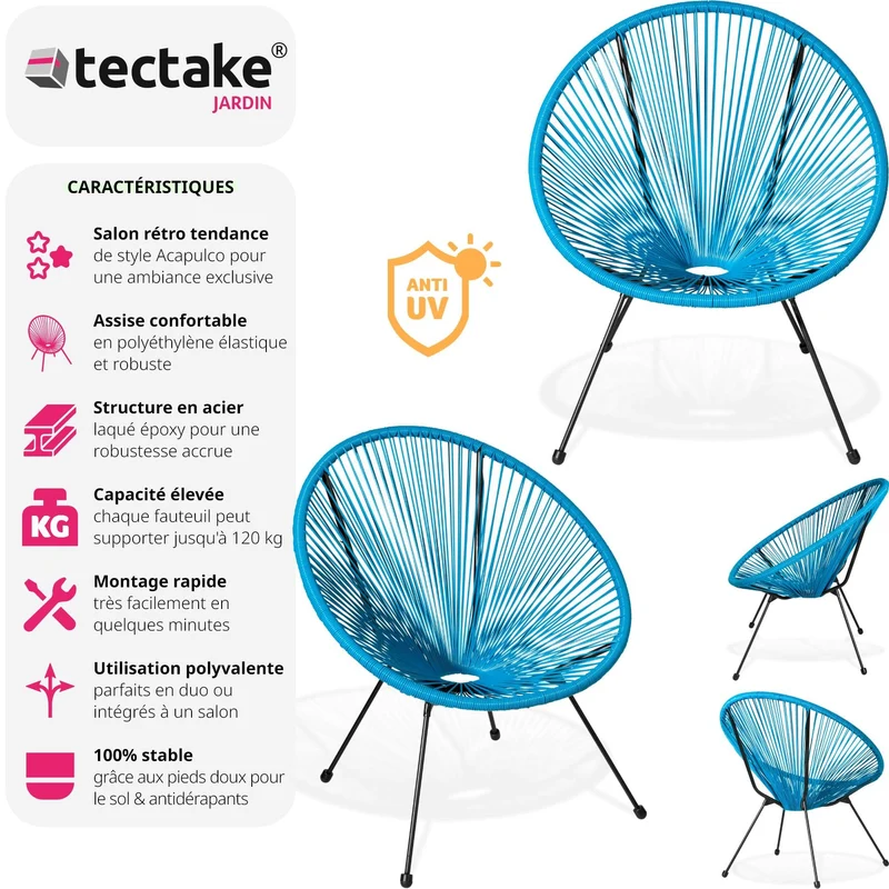 TecTake® Lot de 2 Fauteuil de Jardin Acapulco pour Salon de Jardin Exterieur ou Intérieur, Structure en Acier époxy, Mobilier pour Amenagement Balcon Terrasse - Plusieurs Couleurs