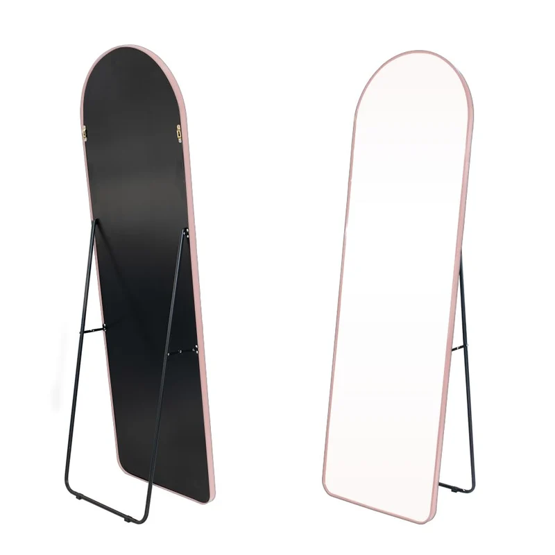 NESHER HOME Miroir Mural Pleine Longueur 160x50cm Complet arqué à Poser au Sol avec Support ou à accrocher au Mur avec kit de Fixation Inclus - Finition du Cadre en Aluminium brossé Rose Gold