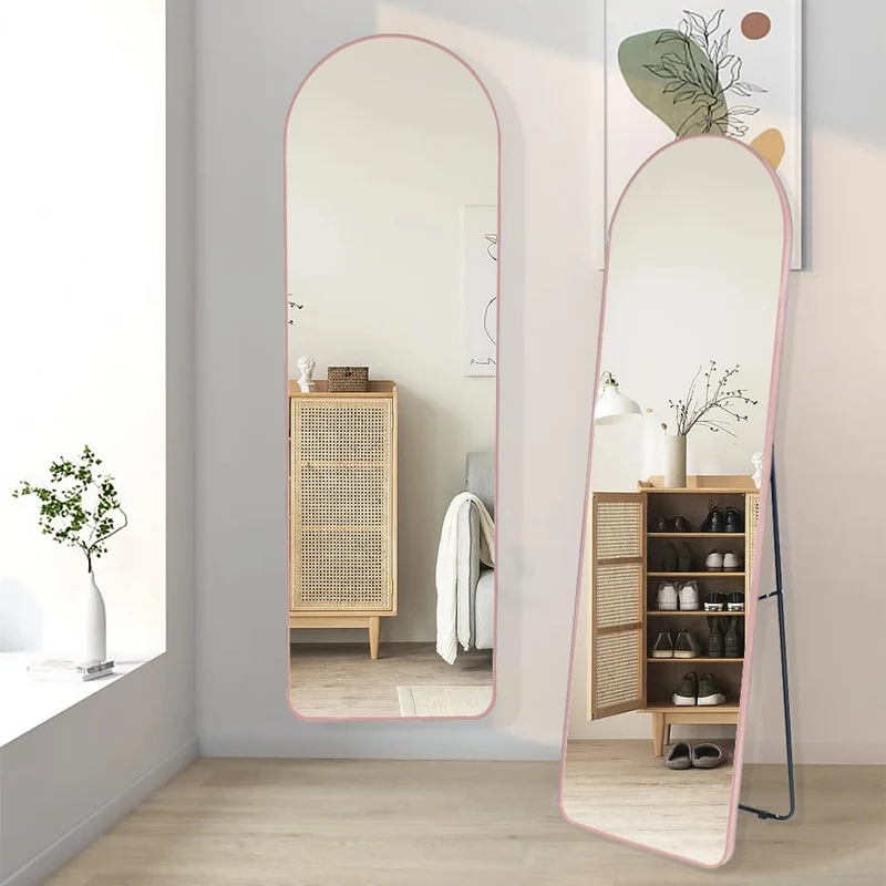 NESHER HOME Miroir Mural Pleine Longueur 160x50cm Complet arqué à Poser au Sol avec Support ou à accrocher au Mur avec kit de Fixation Inclus - Finition du Cadre en Aluminium brossé Rose Gold