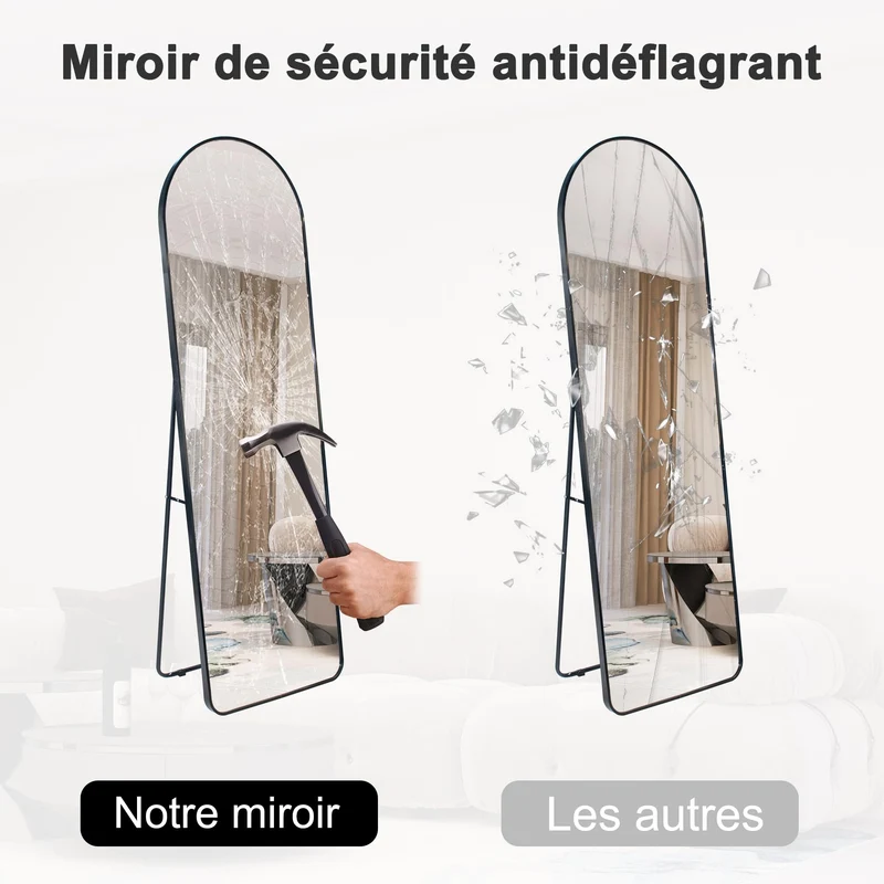 NESHER HOME Miroir Mural Pleine Longueur 160x50cm Complet arqué à Poser au Sol avec Support ou à accrocher au Mur avec kit de Fixation Inclus - Finition du Cadre en Aluminium brossé Rose Gold