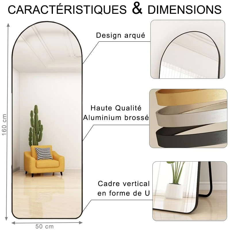 NESHER HOME Miroir Mural Pleine Longueur 160x50cm Complet arqué à Poser au Sol avec Support ou à accrocher au Mur avec kit de Fixation Inclus - Finition du Cadre en Aluminium brossé Rose Gold
