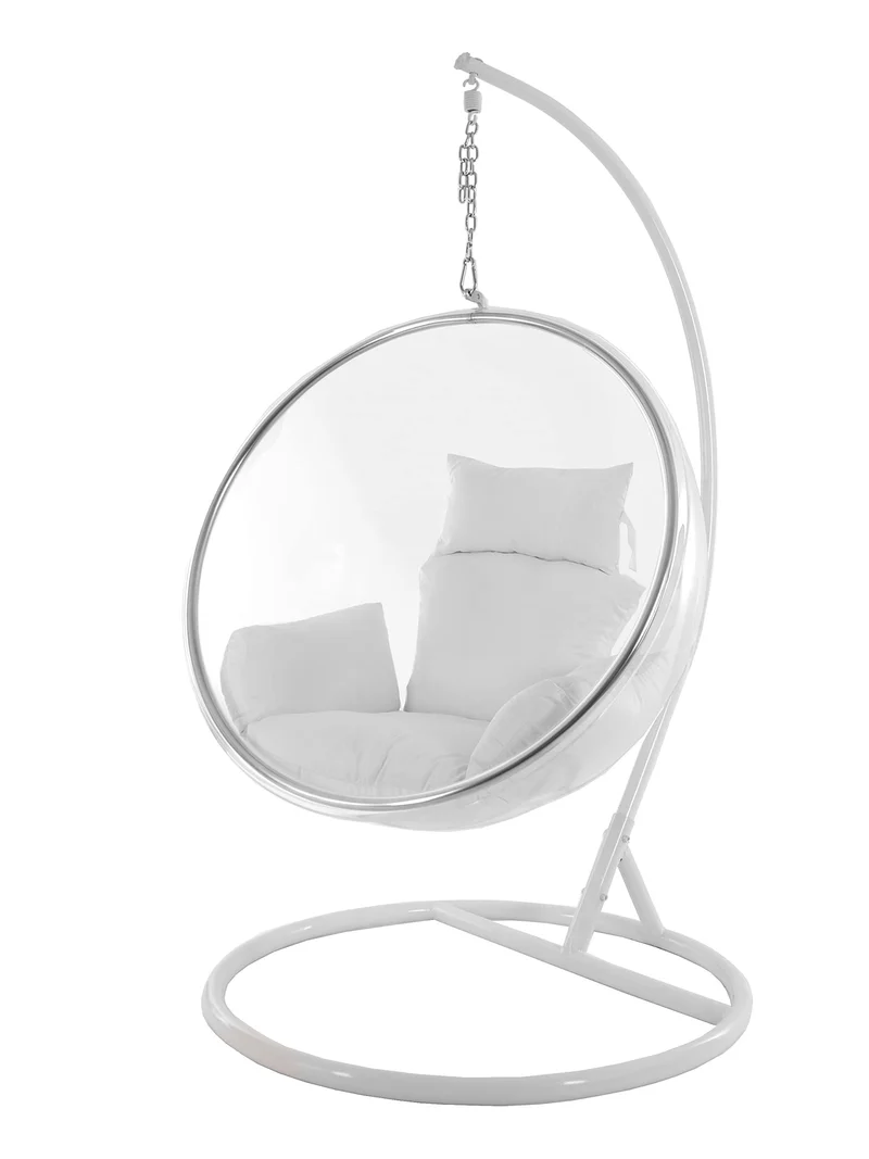 Kideo® Ensemble complet : fauteuil suspendu avec cadre et coussin, demi-coque, bubble, translucide (structure : blanc/panier : transparent (transparent), coussin : blanc (1000 Snow))