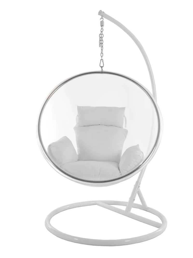 Kideo® Ensemble complet : fauteuil suspendu avec cadre et coussin, demi-coque, bubble, translucide (structure : blanc/panier : transparent (transparent), coussin : blanc (1000 Snow))