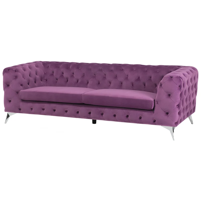 Canapé Fixe 3 Places Capitonné en Velours Violet de Qualité Idéal pour Salon au Design Glamour et Traditionnel Beliani