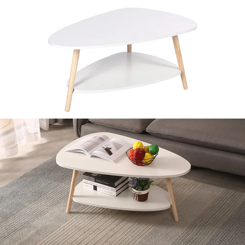 Belfoyer Table Basse Ovale scandinave, Table Basse Ovale avec 2 Tablettes Table Style Nordique, Blanc Naturel