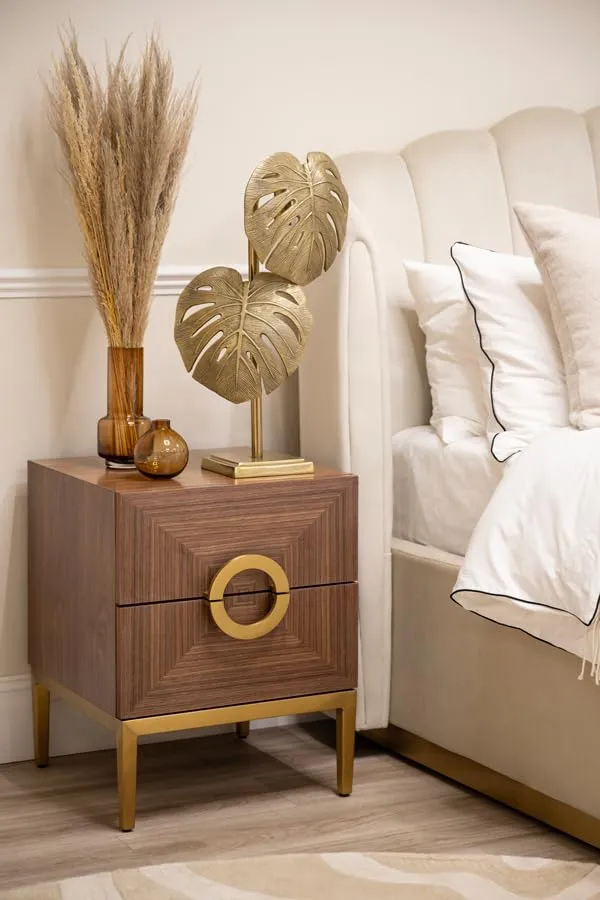 My Furniture Brewster – Table de Chevet à Deux tiroirs en placage de Noyer décoratif – Poignées et Base en Laiton Circulaire – Style hôtel de Luxe – Meuble Moderne, élégant et spacieux.