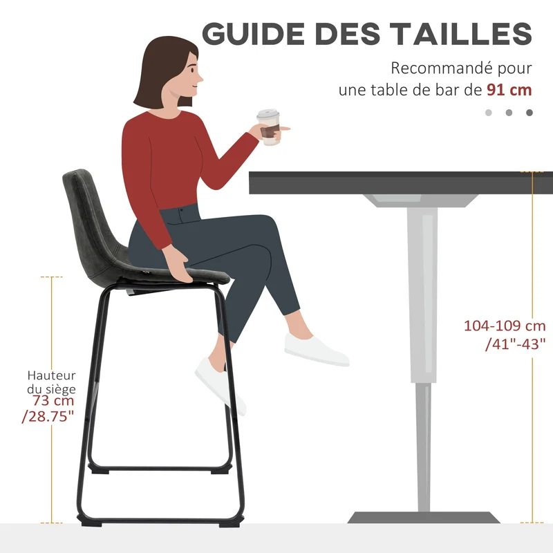 HOMCOM Lot de 2 tabourets de Bar Design Vintage Hauteur 73 cm avec Repose-Pieds métal et revêtement synthétique - Gris foncé