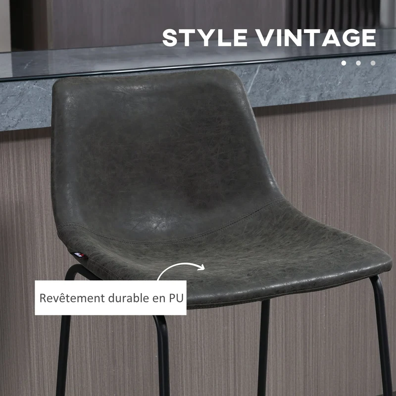 HOMCOM Lot de 2 tabourets de Bar Design Vintage Hauteur 73 cm avec Repose-Pieds métal et revêtement synthétique - Gris foncé
