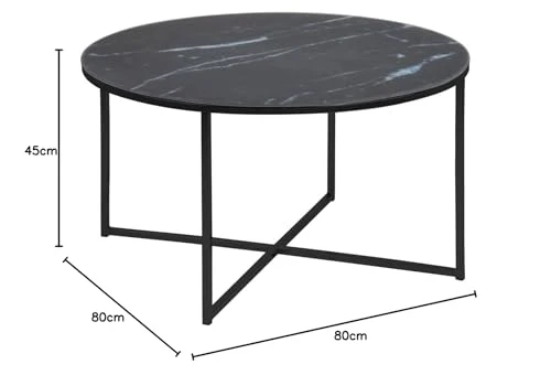 Toilinux.com Table Basse Ronde Effet marbre en Verre et métal - L.80 cm x H. 45 cm - Noir