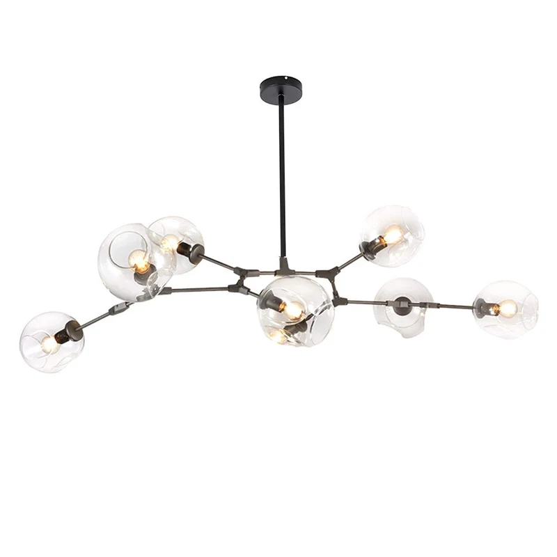 CCSUN 160cm Boule En Verre Ramification Lustre,E27 Spoutnik Lustre Hauteur Réglable,Créatif 7 Lumières Moderne Globe Suspension Luminaire,Verre Soufflé Métal Luminaire Transparent Noir 7-lumières