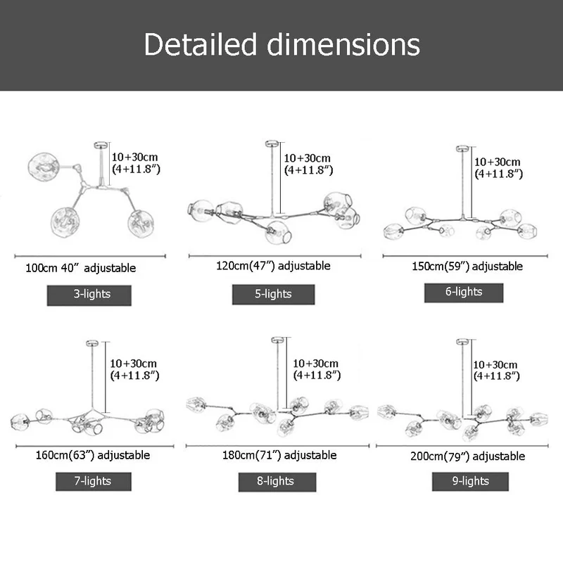 CCSUN 160cm Boule En Verre Ramification Lustre,E27 Spoutnik Lustre Hauteur Réglable,Créatif 7 Lumières Moderne Globe Suspension Luminaire,Verre Soufflé Métal Luminaire Transparent Noir 7-lumières