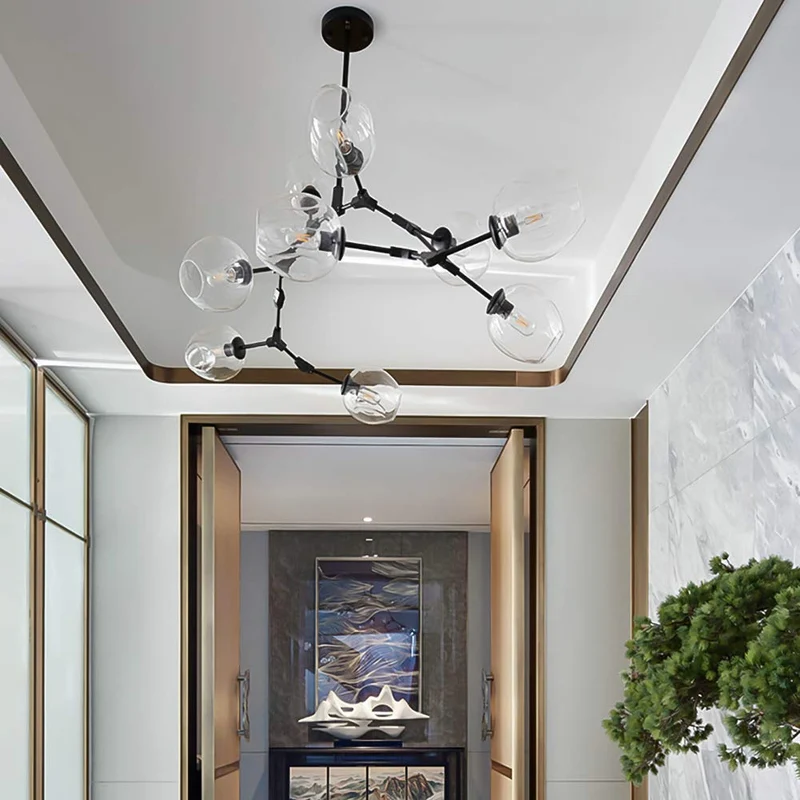 CCSUN 160cm Boule En Verre Ramification Lustre,E27 Spoutnik Lustre Hauteur Réglable,Créatif 7 Lumières Moderne Globe Suspension Luminaire,Verre Soufflé Métal Luminaire Transparent Noir 7-lumières
