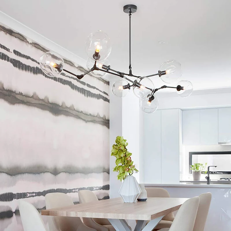 CCSUN 160cm Boule En Verre Ramification Lustre,E27 Spoutnik Lustre Hauteur Réglable,Créatif 7 Lumières Moderne Globe Suspension Luminaire,Verre Soufflé Métal Luminaire Transparent Noir 7-lumières