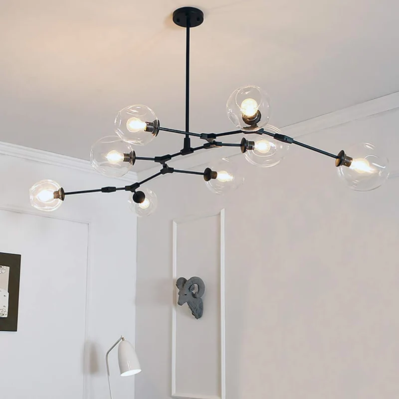CCSUN 160cm Boule En Verre Ramification Lustre,E27 Spoutnik Lustre Hauteur Réglable,Créatif 7 Lumières Moderne Globe Suspension Luminaire,Verre Soufflé Métal Luminaire Transparent Noir 7-lumières