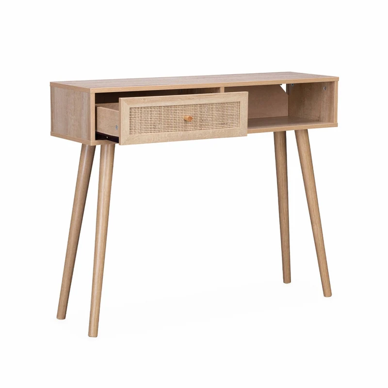 Alice's Home - Console en cannage 100x29x81cm - Bohème - Naturel. 1 tiroir.1 Espace de Rangement. Pieds scandinaves décor Bois. 1 poignée