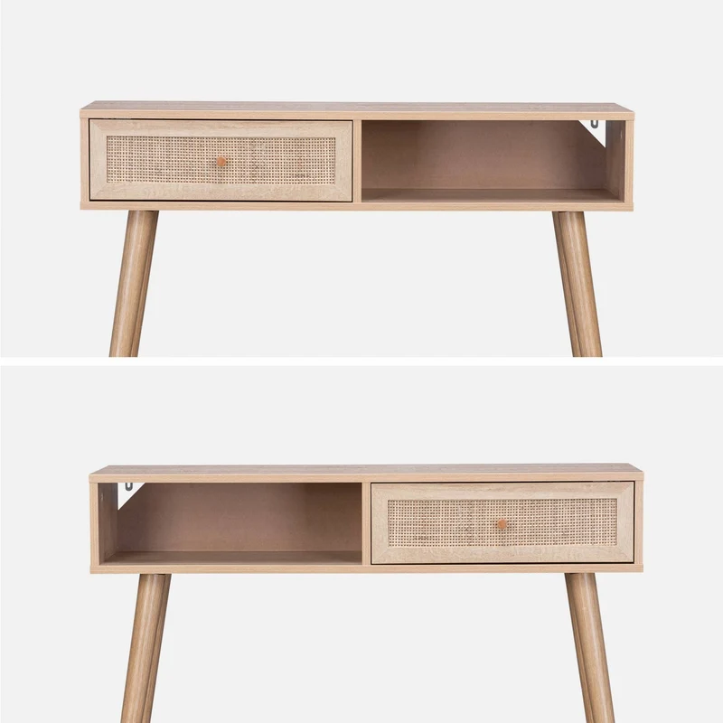 Alice's Home - Console en cannage 100x29x81cm - Bohème - Naturel. 1 tiroir.1 Espace de Rangement. Pieds scandinaves décor Bois. 1 poignée