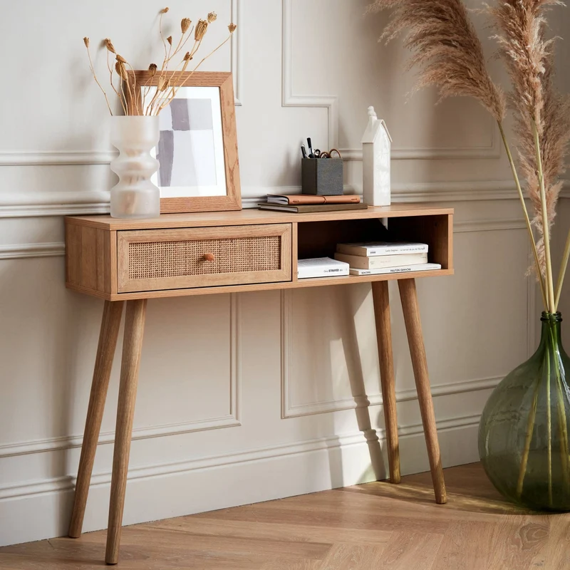 Alice's Home - Console en cannage 100x29x81cm - Bohème - Naturel. 1 tiroir.1 Espace de Rangement. Pieds scandinaves décor Bois. 1 poignée