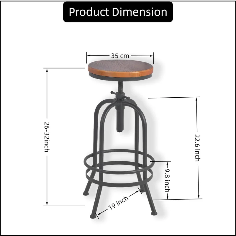 BOKKOLIK Lot de 2 tabourets de bar industriels rétro pivotants de 71,1 à 86,4 cm, chaises de cuisine extra hautes, hauteur réglable, entièrement soudés (noir)