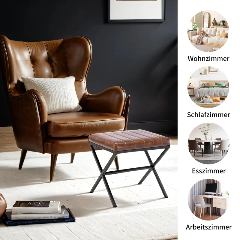 DUHOME Tabouret de Maquillage Rembourré Pouf Coiffeuse Moderne Ottoman X Leg Sièges Piano Pieds en Métal pour Chambre Salon Toilette, Marron Jaunâtre