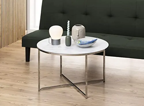 AC Design Furniture Antje Table Basse Ronde, Ø: 80 x 45 cm, Aspect Marbre Blanc /Chrome, Verre/Metal, 1 pc