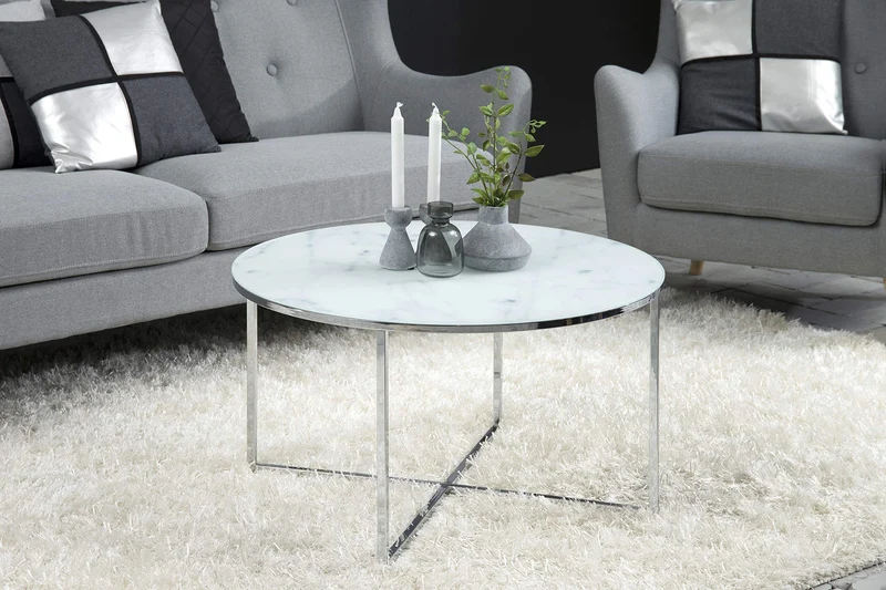 AC Design Furniture Antje Table Basse Ronde, Ø: 80 x 45 cm, Aspect Marbre Blanc /Chrome, Verre/Metal, 1 pc