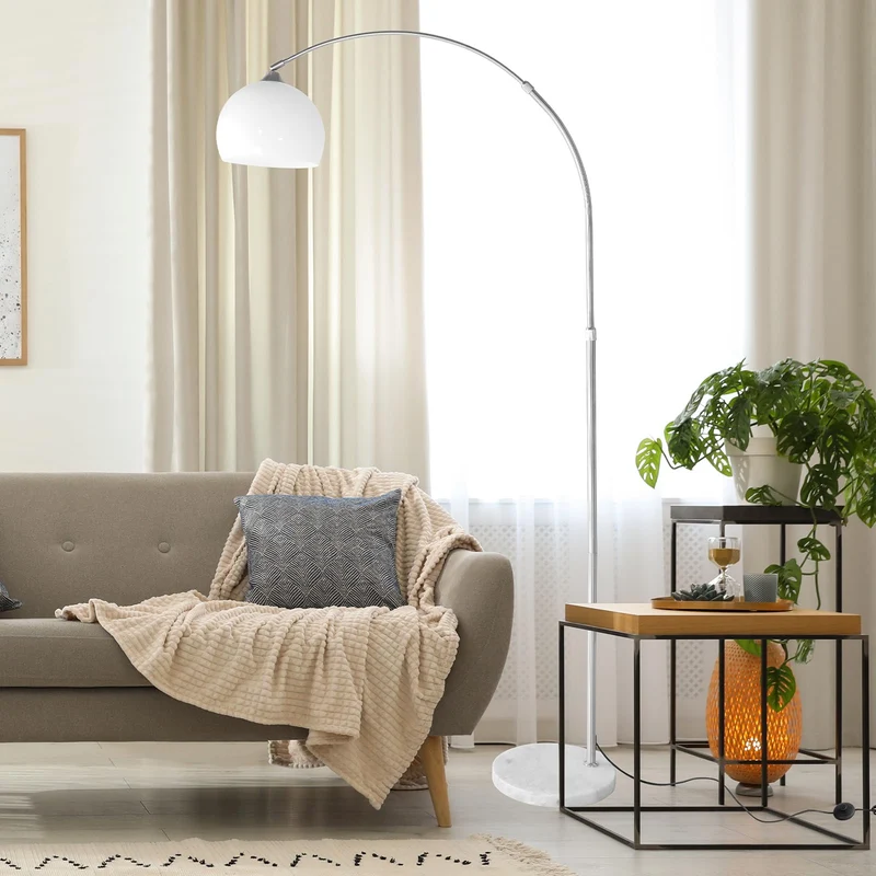 CCLIFE Lampe Lampadaire à arc salon courbée, Lampe arceau moderne en chrome Lampadaire sur pied marbre, Couleur: Blanc, réglable en hauteur 130-180cm