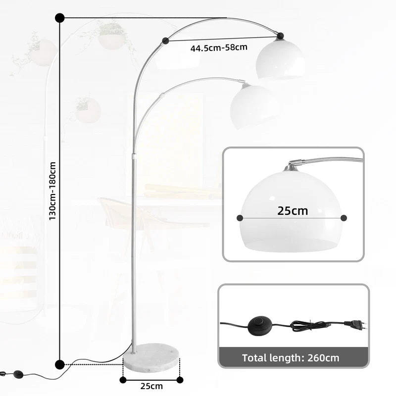 CCLIFE Lampe Lampadaire à arc salon courbée, Lampe arceau moderne en chrome Lampadaire sur pied marbre, Couleur: Blanc, réglable en hauteur 130-180cm