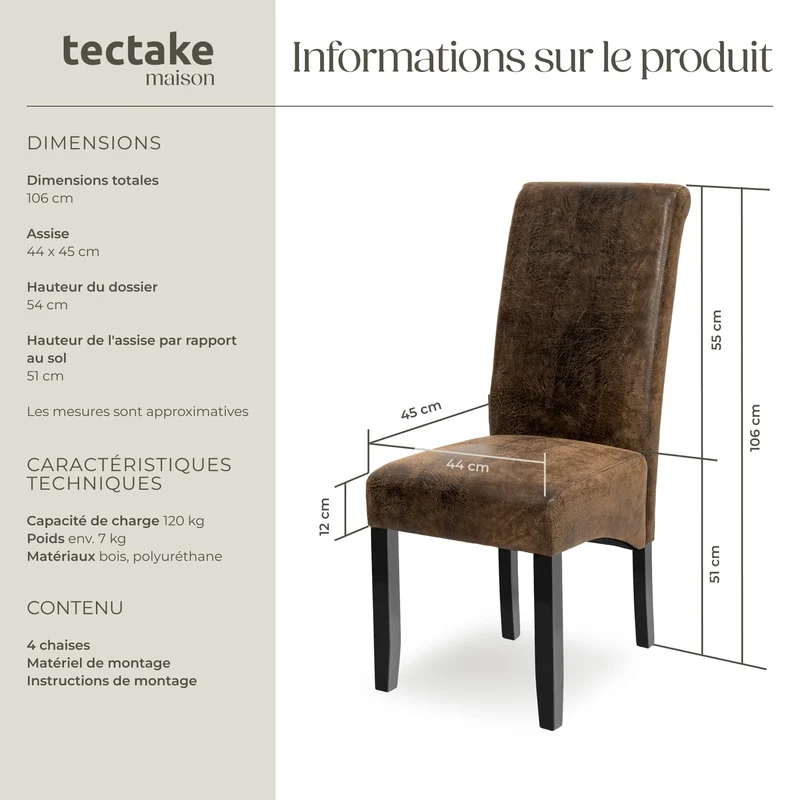 TecTake® Lot de 4 Chaises de Salle à Manger Moderne Chaise Ergonomique Confortable Chaise Design en Cuir synthétique Meuble Salon avec Pieds en Bois pour Salle à Manger, Salon, Coiffeuse, Chambre