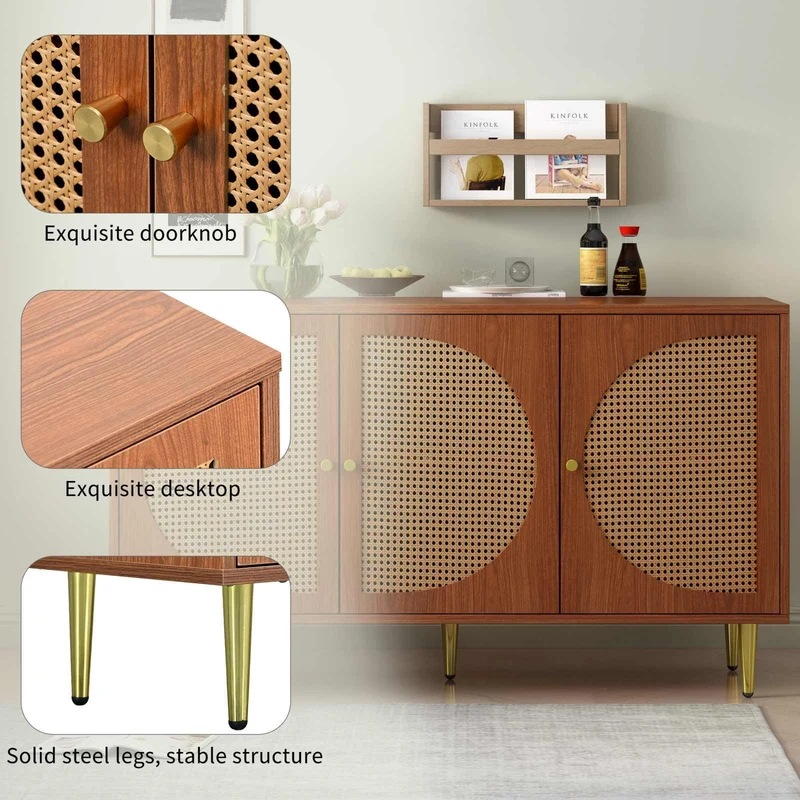 KOMHTOM Buffet en rotin - Armoire de rangement polyvalente avec trois portes et séparateurs amovibles - Armoire de rangement pour salon, chambre à coucher (noyer)