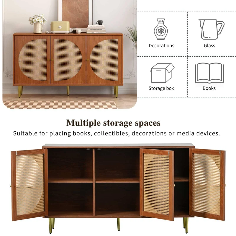 KOMHTOM Buffet en rotin - Armoire de rangement polyvalente avec trois portes et séparateurs amovibles - Armoire de rangement pour salon, chambre à coucher (noyer)