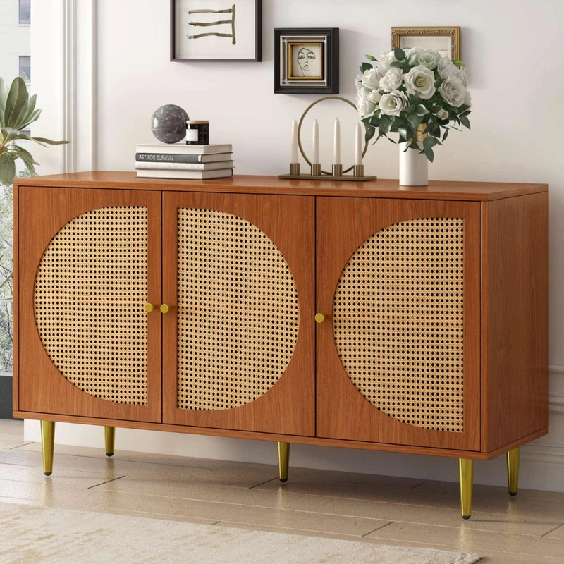 KOMHTOM Buffet en rotin - Armoire de rangement polyvalente avec trois portes et séparateurs amovibles - Armoire de rangement pour salon, chambre à coucher (noyer)