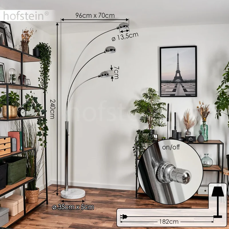 Lampadaire Nikkala, lampe sur pied en métal/verre en couleur chrome/blanc, luminaire au design moderne, abat-jour réglable, interrupteur on/off sur le boîtier, hauteur 240 cm, 3 x E14, sans ampoules