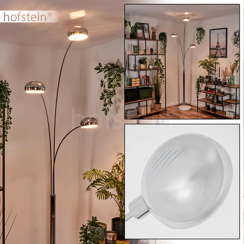 Lampadaire Nikkala, lampe sur pied en métal/verre en couleur chrome/blanc, luminaire au design moderne, abat-jour réglable, interrupteur on/off sur le boîtier, hauteur 240 cm, 3 x E14, sans ampoules