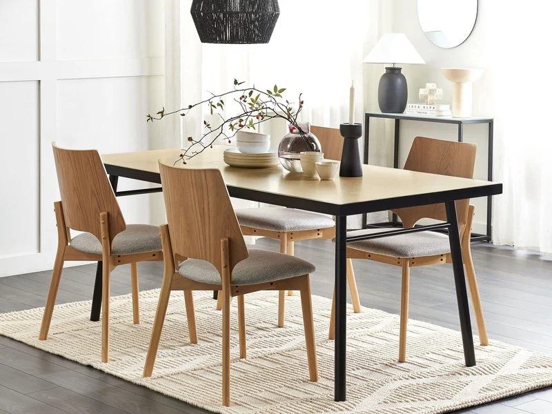 Table de Salle à Manger en MDF et Bois d'Hévéa Clair et Noir 180 x 90 cm Ivorie