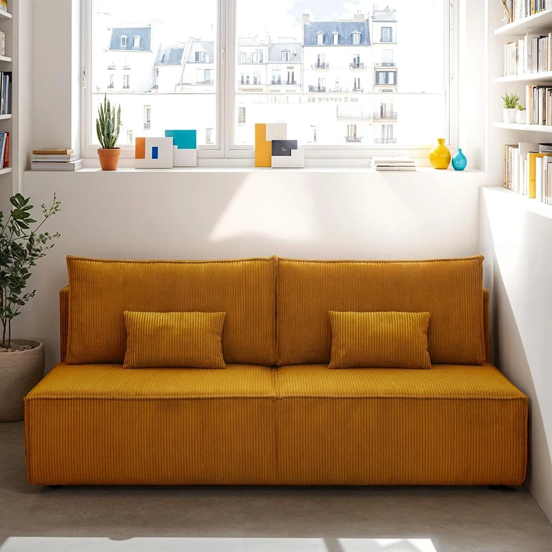 HOMIFAB Canapé Convertible 3 Places avec Coffre de Rangement en Velours côtelé Jaune Moutarde - Milla