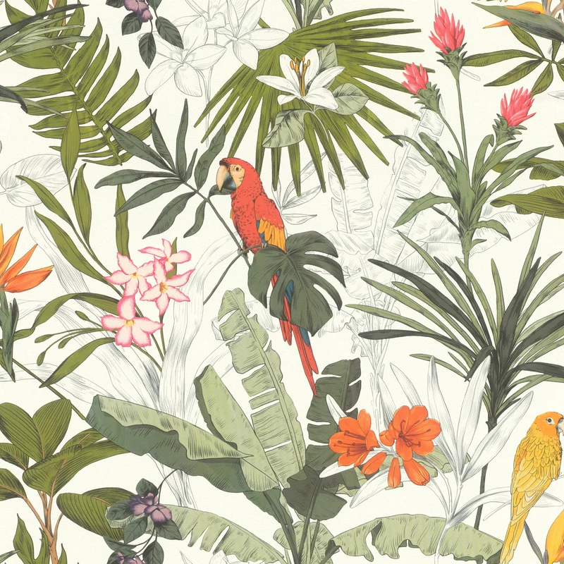 Rasch Papier peint intissé clair avec motif jungle et perroquets en vert, rouge et orange, 10,05 x 0,53 m (L x l)