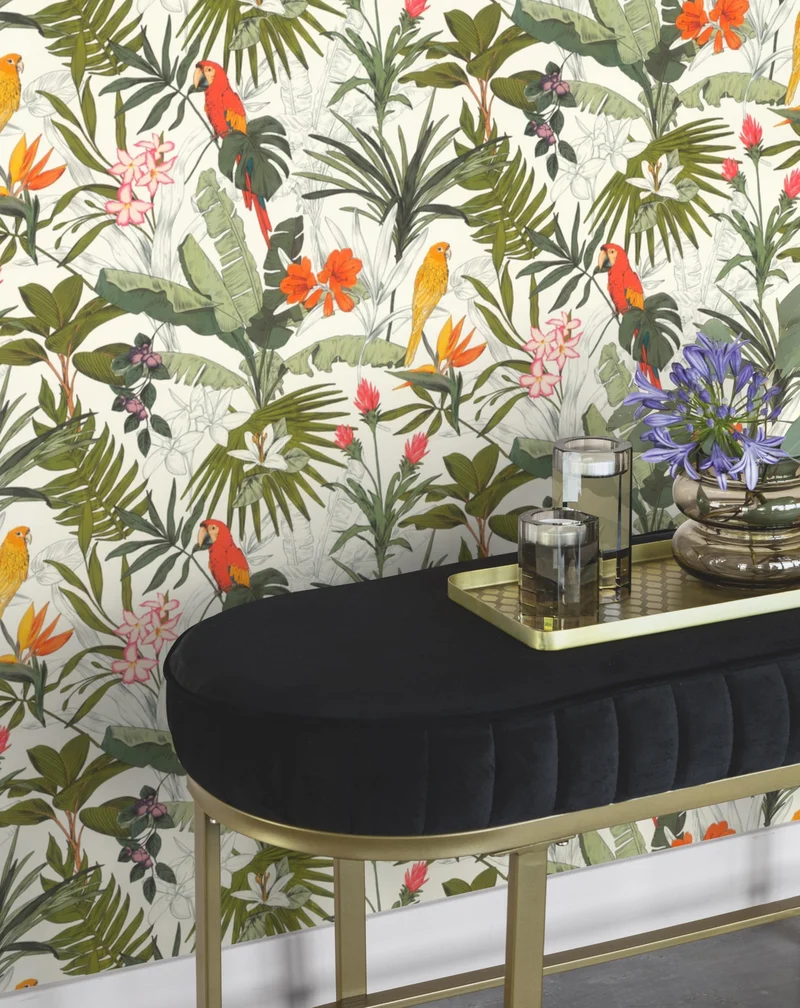 Rasch Papier peint intissé clair avec motif jungle et perroquets en vert, rouge et orange, 10,05 x 0,53 m (L x l)