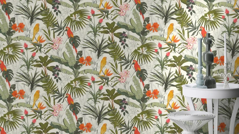 Rasch Papier peint intissé clair avec motif jungle et perroquets en vert, rouge et orange, 10,05 x 0,53 m (L x l)