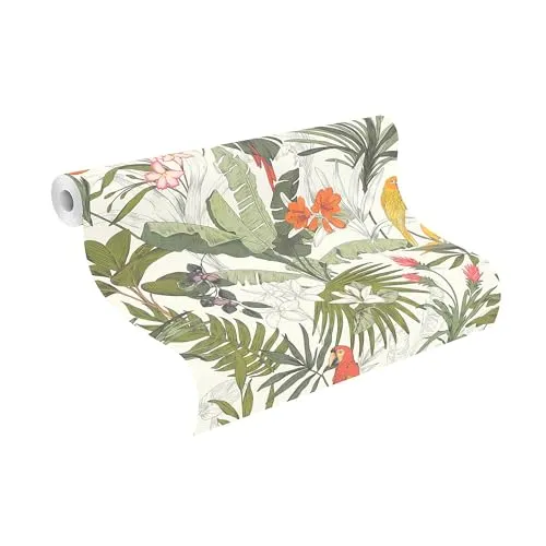 Rasch Papier peint intissé clair avec motif jungle et perroquets en vert, rouge et orange, 10,05 x 0,53 m (L x l)