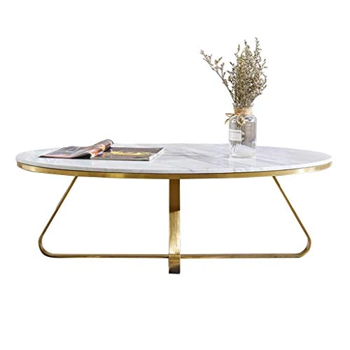Table basse ronde contemporaine ovale – Table basse moderne pour salon et bureau – Table de cocktail moderne en marbre naturel – Base X Blanc