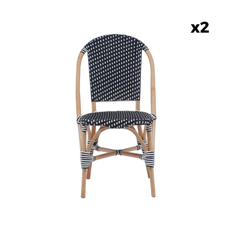 Alice's Home - Lot de 2 chaises empilables bistrot en rotin et polyrotin Noir et Blanc. L 48 x P 58 x H 90cm