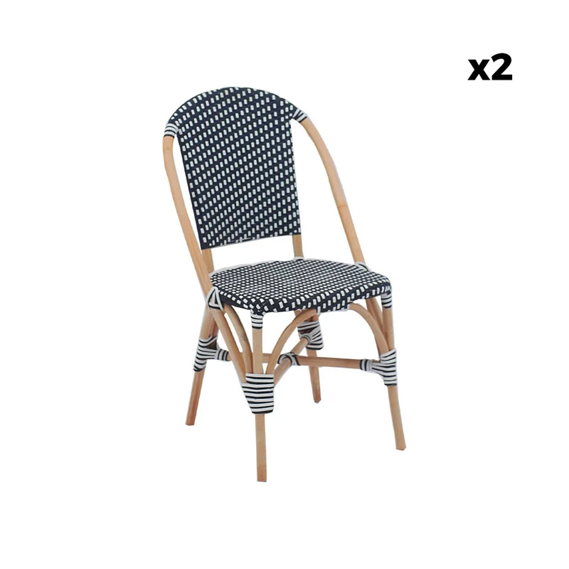 Alice's Home - Lot de 2 chaises empilables bistrot en rotin et polyrotin Noir et Blanc. L 48 x P 58 x H 90cm
