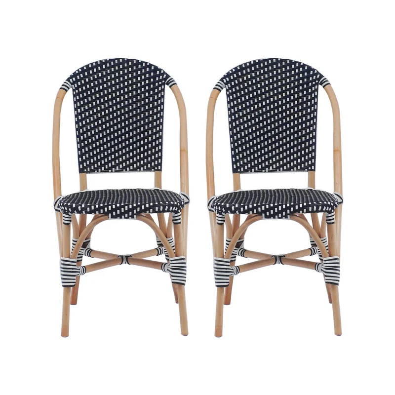 Alice's Home - Lot de 2 chaises empilables bistrot en rotin et polyrotin Noir et Blanc. L 48 x P 58 x H 90cm